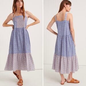 POMEGRANATE Blue Multi Floral Tiered Crepe Prairie Midi Dress Size Small